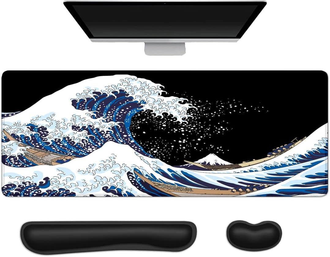 Keyboard Mouse Pad Set, Extended Gaming Mouse Pad + Keyboard Wrist Rest Support, Memory Foam for Easy Typing Pain Relief, 3Pcs Ergonomic XXL (31.5 X 11.81In) Ultra Thick Desk Mat,The Great Wave