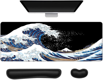 Keyboard Mouse Pad Set, Extended Gaming Mouse Pad + Keyboard Wrist Rest Support, Memory Foam for Easy Typing Pain Relief, 3Pcs Ergonomic XXL (31.5 X 11.81In) Ultra Thick Desk Mat,The Great Wave