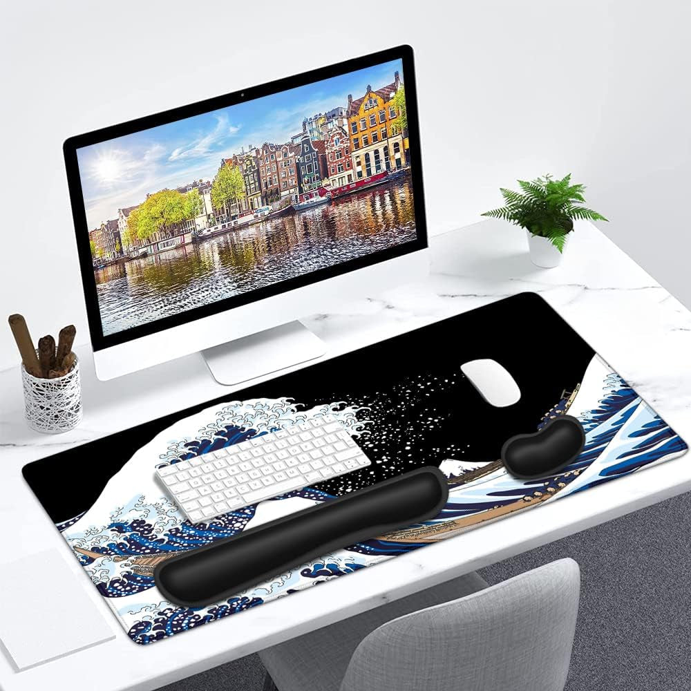 Keyboard Mouse Pad Set, Extended Gaming Mouse Pad + Keyboard Wrist Rest Support, Memory Foam for Easy Typing Pain Relief, 3Pcs Ergonomic XXL (31.5 X 11.81In) Ultra Thick Desk Mat,The Great Wave