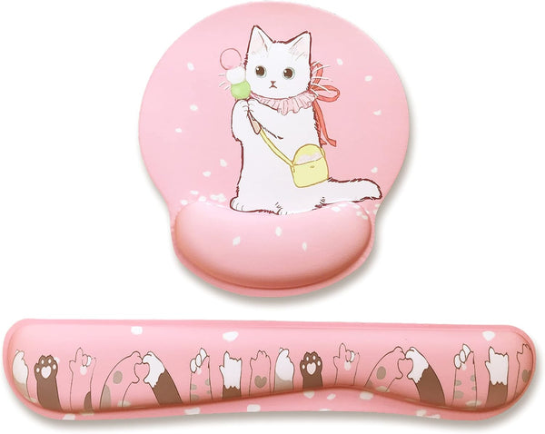 Cute Pink Keyboard Wrist Rest and Mouse Wrist Rest Support Mouse Pad Set, Anime Kawaii Desk Accessories, Ergonomic Memory Foam Mouse Pad and Keyboard Pad, Easy Typing, Gaming (Pink Cat)