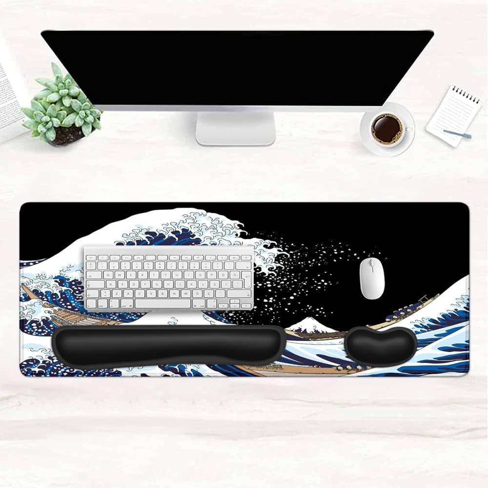 Keyboard Mouse Pad Set, Extended Gaming Mouse Pad + Keyboard Wrist Rest Support, Memory Foam for Easy Typing Pain Relief, 3Pcs Ergonomic XXL (31.5 X 11.81In) Ultra Thick Desk Mat,The Great Wave
