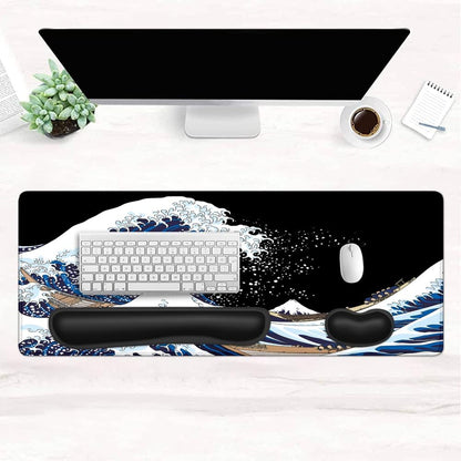 Keyboard Mouse Pad Set, Extended Gaming Mouse Pad + Keyboard Wrist Rest Support, Memory Foam for Easy Typing Pain Relief, 3Pcs Ergonomic XXL (31.5 X 11.81In) Ultra Thick Desk Mat,The Great Wave