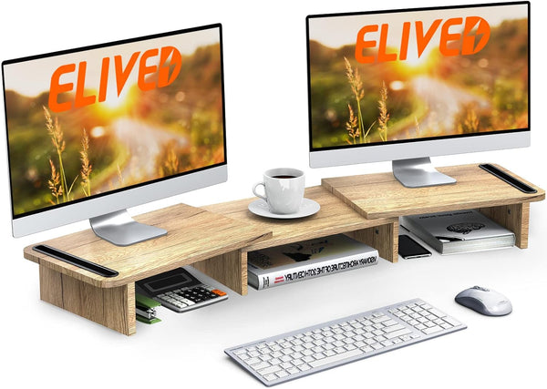 Dual Monitor Stand, Wood Monitor Stand with Adjustable Length and Angle, Computer Monitor Stand for Desk, 3 Shelf Monitor Riser, Desktop Organizer for PC, Computer, Laptop (Oak)
