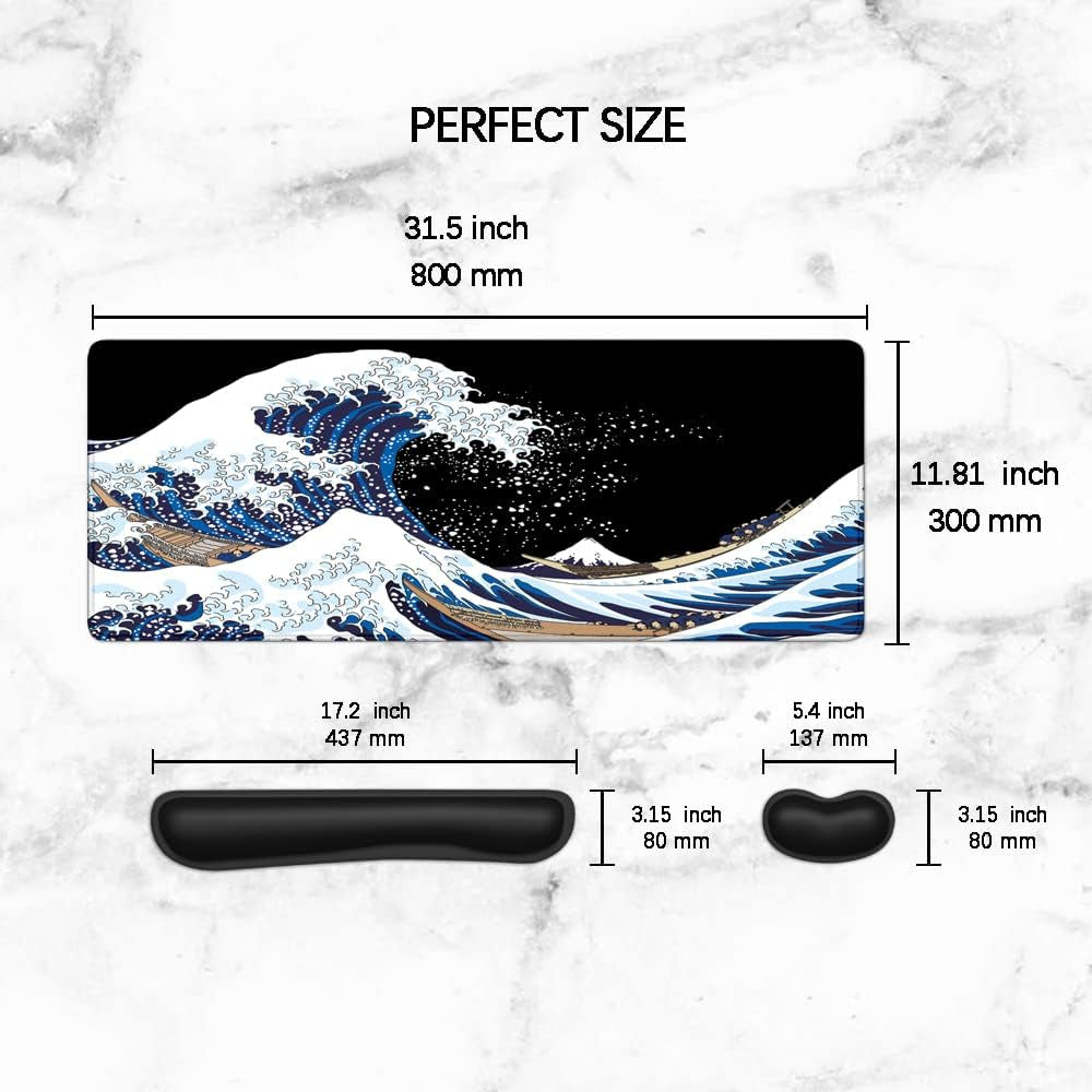 Keyboard Mouse Pad Set, Extended Gaming Mouse Pad + Keyboard Wrist Rest Support, Memory Foam for Easy Typing Pain Relief, 3Pcs Ergonomic XXL (31.5 X 11.81In) Ultra Thick Desk Mat,The Great Wave